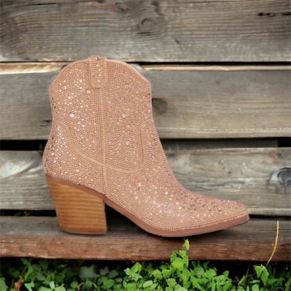 MIIM ANGEL Champagne Rhinestone Embellished Ankle Western Heeled Cowboy Booties - Picture 4 of 7